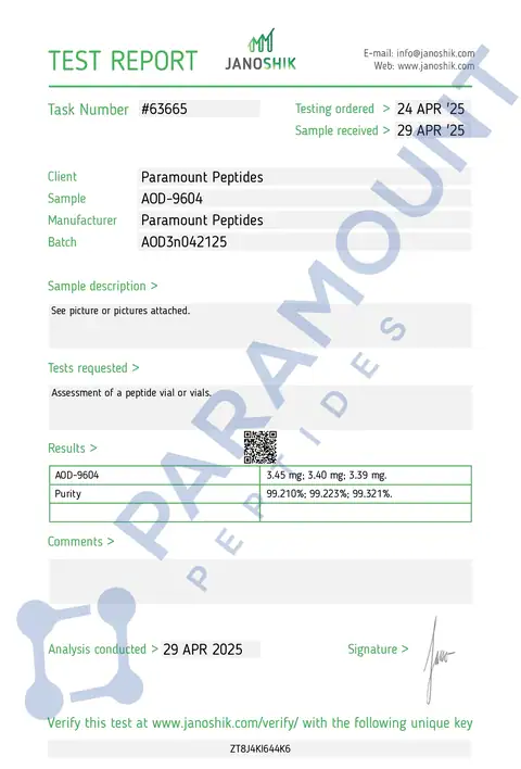 Page 1 of the certificate of analysis for AOD 9604 (6mg) lot AO0D3n042125 (Janoshik)
