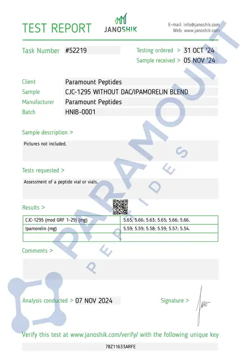 Page 1 of the certificate of analysis for 2X Blend CJC-1295 No DAC (5mg) / Ipamorelin (5mg) lot HNIB-0001 (Janoshik)
