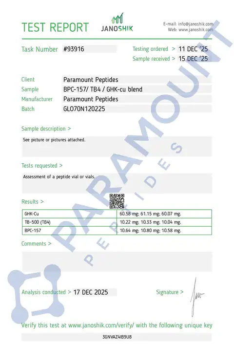 Page 1 of the certificate of analysis for GLOW 70 GHK-CU (50mg) / BPC-157 (10mg) / TB500 (10mg) lot GLO70N120225 (Janoshik)