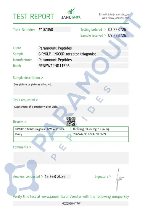 Page 1 of the certificate of analysis for GLP-3 R - 12mg lot RENEW12N011526 (Janoshik)
