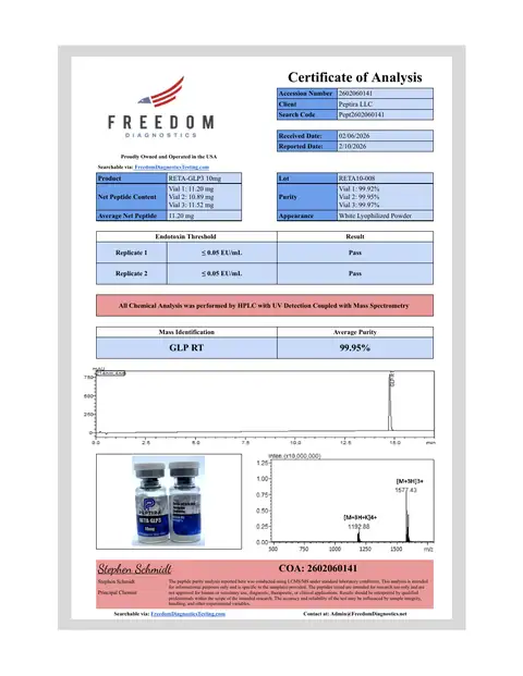 Page 1 of the certificate of analysis for RETA-3 Vial 10 mg lot RETA10-008 (Freedom Diagnostics)