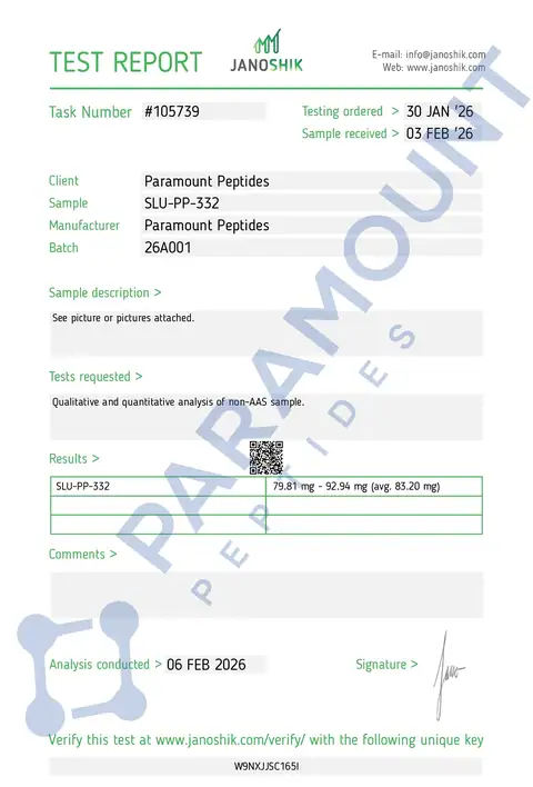 Page 1 of the certificate of analysis for SLU-PP-332 (1mg) x 60 Tablets lot 26A001 (Janoshik)