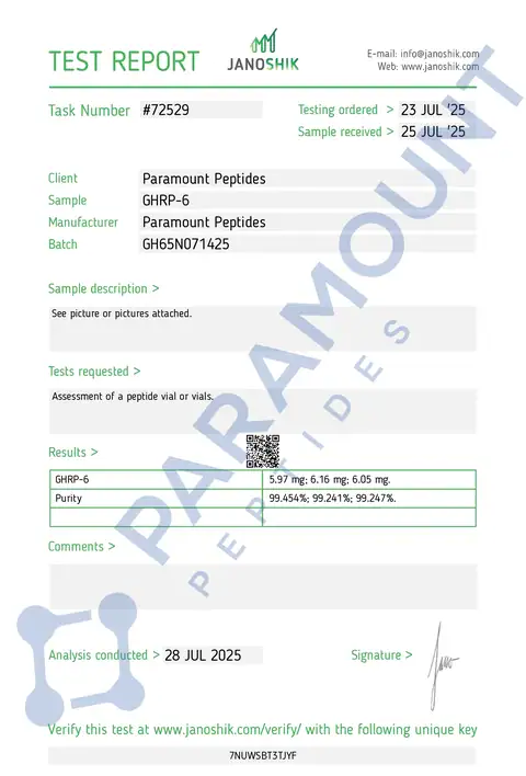 Page 1 of the certificate of analysis for GHRP-6 (5mg) lot GH65N071425 (Janoshik)