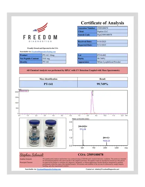 Page 1 of the certificate of analysis for PT-141 Vial 10 mg lot PT10-002 (Freedom Diagnostics)