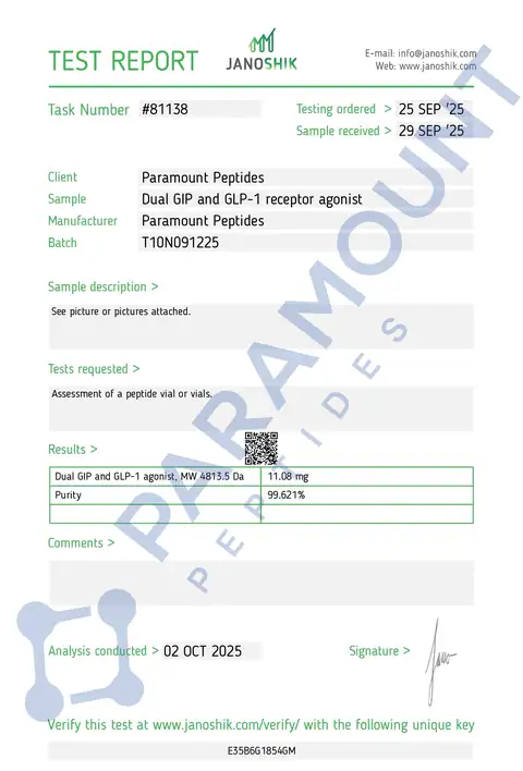Page 1 of the certificate of analysis for GLP-2 T - 10mg lot T10N091225 (Janoshik)