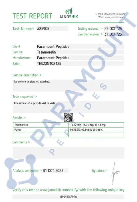 Page 1 of the certificate of analysis for Tesamorelin (10mg) lot TES20N102125 (Janoshik)