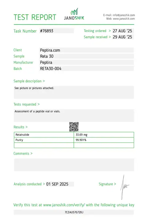 Page 1 of the certificate of analysis for RETA-3 Vial 30 mg lot RETA30-004 (Janoshik)