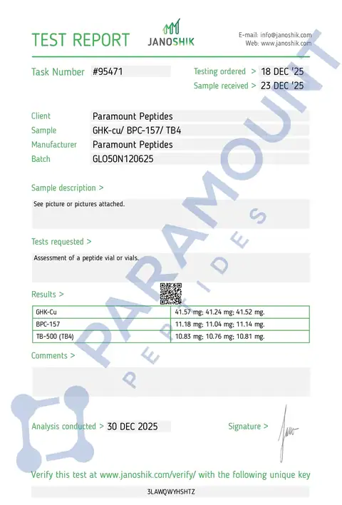 Page 1 of the certificate of analysis for GLOW 50 GHK-CU (30mg) / BPC-157 (10mg) / TB500 (10mg) lot GLO50N120625 (Janoshik)