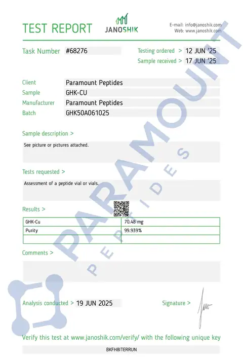 Page 1 of the certificate of analysis for GHK-Cu (50mg) lot GHK50A061025 (Janoshik)