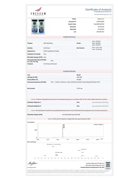 Page 1 of the certificate of analysis for ARA-290 Vial 30 mg lot ARA290-001 (Freedom Diagnostics)