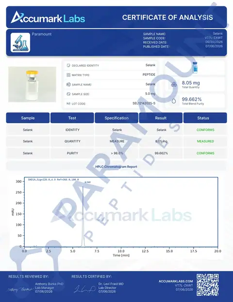 Page 1 of the certificate of analysis for Selank (5mg) lot SEL12142025-S (Accumark Labs)