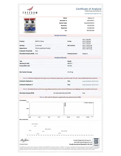 Page 1 of the certificate of analysis for MOTS-C Vial 40 mg lot MOTS40-004 (Freedom Diagnostics)