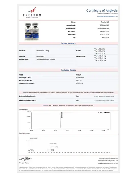Page 1 of the certificate of analysis for Ipamorelin Vial 10 mg lot IPA10-004 (Freedom Diagnostics)