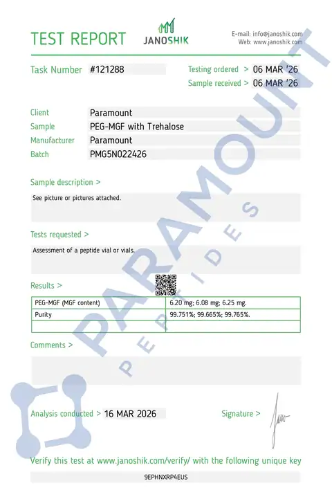 Page 1 of the certificate of analysis for PEG MGF (5mg) lot PMG5N022426 (Janoshik)