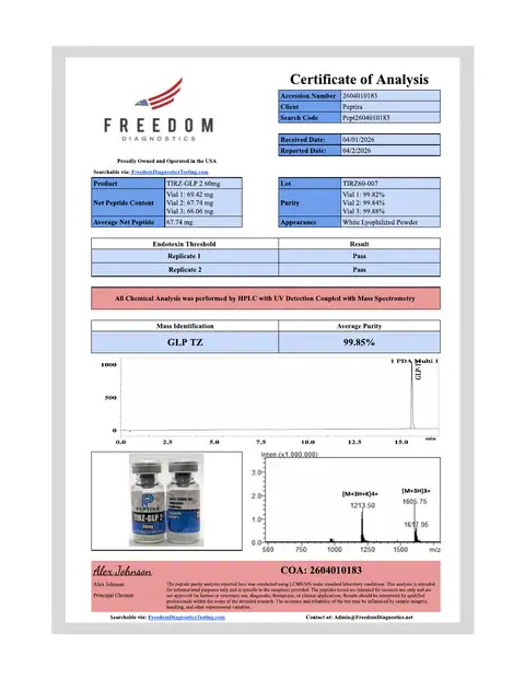 Page 1 of the certificate of analysis for TIRZ-2 Vial 60 mg lot TIRZ60-007 (Freedom Diagnostics)