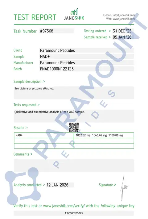 Page 1 of the certificate of analysis for NAD+ (1000mg) Biofermented (5ml Vial) lot FNAD1000N122125 (Janoshik)