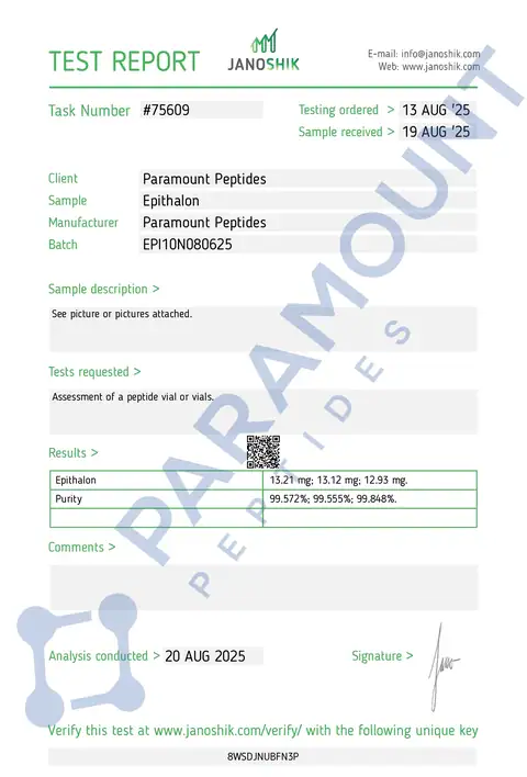 Page 1 of the certificate of analysis for Epithalon (10mg) lot EPI10N080625 (Janoshik)