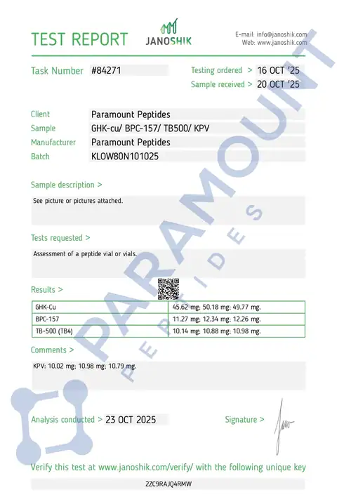 Page 1 of the certificate of analysis for KLOW - GHK-Cu (50mg) / KPV (10mg) / BPC-157 (10mg) / TB500 (10mg) lot KLOW80N101025 (Janoshik)