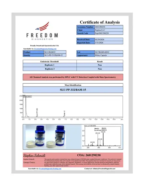 Page 1 of the certificate of analysis for SLU/BAM15 Caps 1 mg 60ct lot SLUBAM1-001C (Freedom Diagnostics)