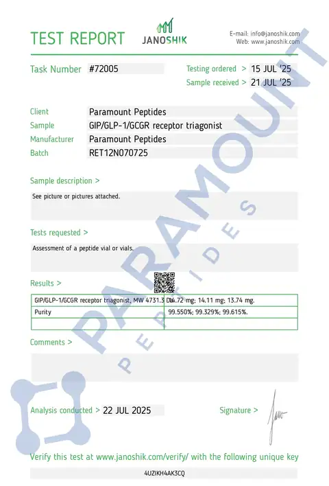 Page 1 of the certificate of analysis for GLP-3 R - 12mg lot RET12N070725 (Janoshik)