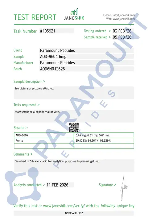 Page 1 of the certificate of analysis for AOD 9604 (6mg) lot AOD6N012626 (Janoshik)