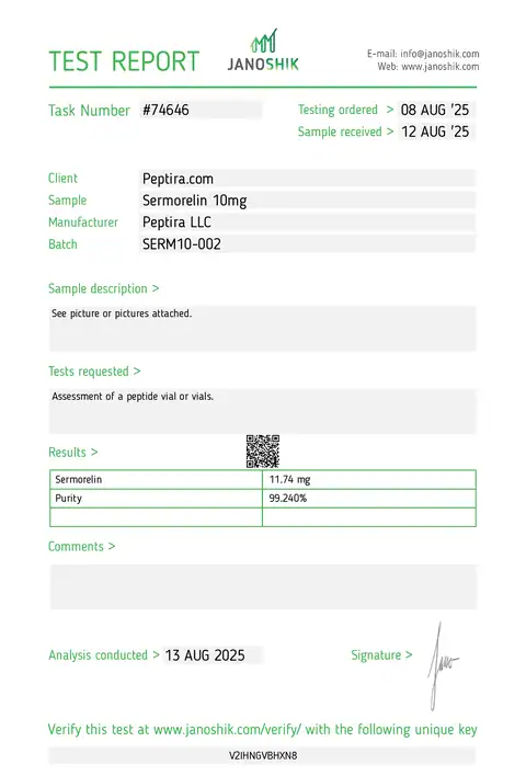 Page 1 of the certificate of analysis for Sermorelin Vial 10 mg lot SERM10-002 (Janoshik)