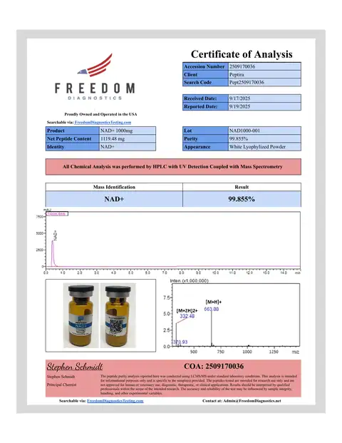 Page 1 of the certificate of analysis for NAD+ Vial 1000 mg lot NAD1000-001 (Freedom Diagnostics)
