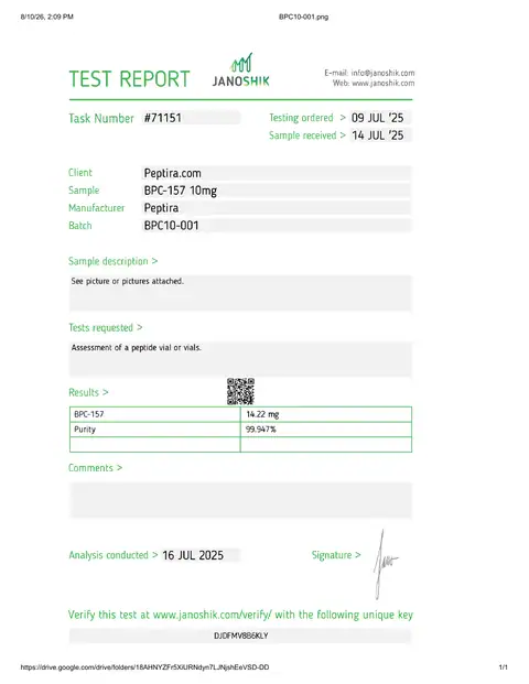 Page 1 of the certificate of analysis for BPC-157 Vial 10 mg lot BPC10-001 (Janoshik)
