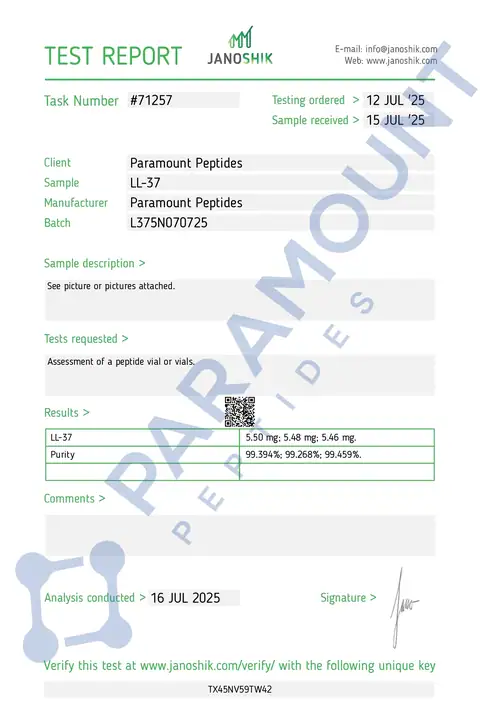 Page 1 of the certificate of analysis for LL-37 (5mg) lot L375N070725 (Janoshik)