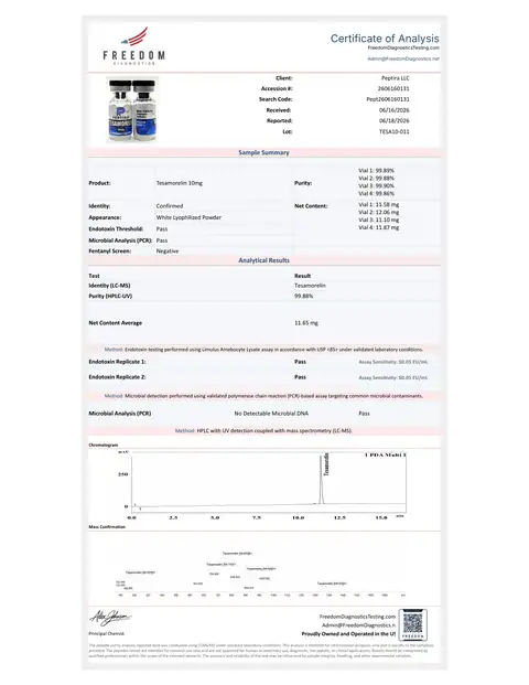 Page 1 of the certificate of analysis for TESAMORELIN Vial 10 mg lot TESA10-011 (Freedom Diagnostics)