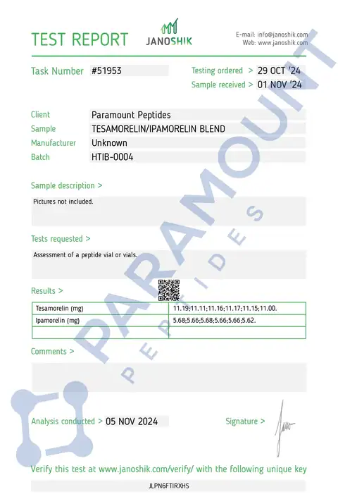 Page 1 of the certificate of analysis for 2X Blend Tesamorelin (10mg) / Ipamorelin (5mg) Research Blend lot HTIB-0004 (Janoshik)