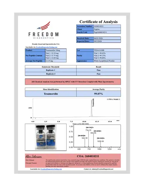 Page 1 of the certificate of analysis for TESAMORELIN Vial 10 mg lot TESA10-008 (Freedom Diagnostics)