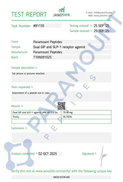Page 1 of the certificate of analysis for GLP-2 T - 10mg lot T10N091025 (Janoshik)