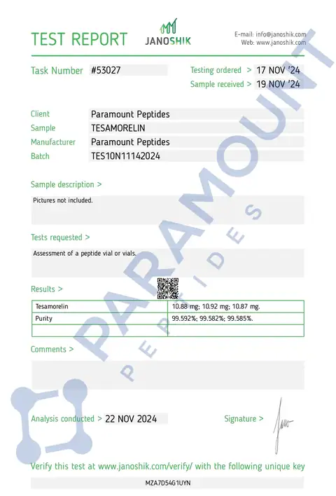 Page 1 of the certificate of analysis for Tesamorelin (10mg) lot TES10N11142024 (Janoshik)