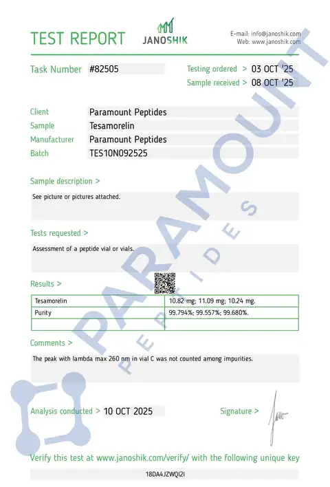 Page 1 of the certificate of analysis for Tesamorelin (10mg) lot TES10N092525 (Janoshik)