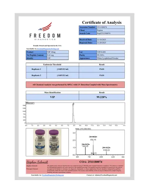 Page 1 of the certificate of analysis for VIP Vial 10 mg lot VIP10-001 (Freedom Diagnostics)