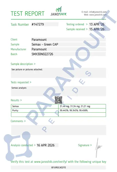 Page 1 of the certificate of analysis for Semax (30mg) lot SMX30N022726 (Janoshik)
