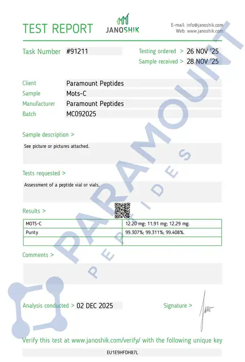 Page 1 of the certificate of analysis for MOTs-C (10mg) lot MC092025 (Janoshik)