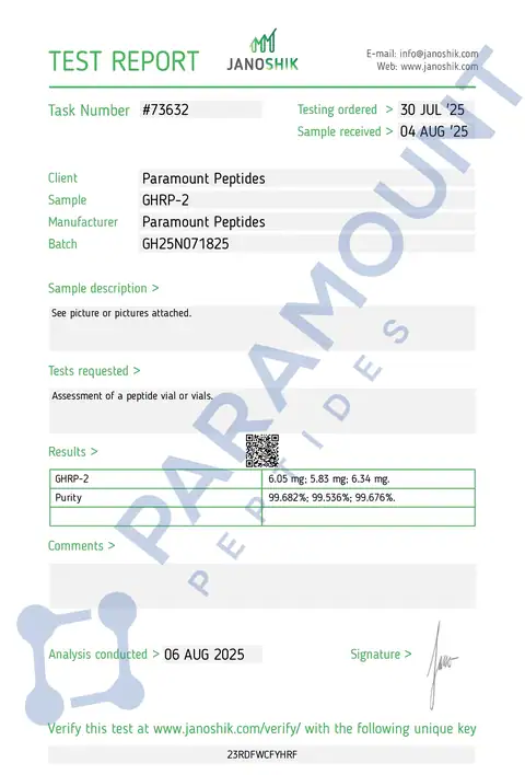 Page 1 of the certificate of analysis for GHRP-2 (5mg) lot GH25N071825 (Janoshik)