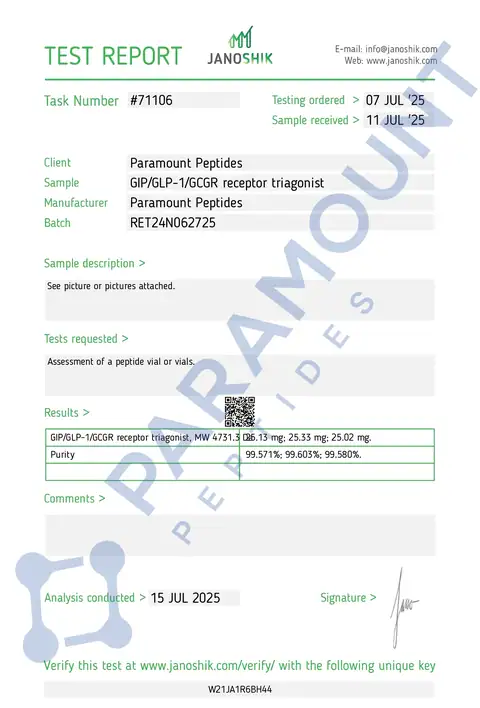 Page 1 of the certificate of analysis for GLP-3 R - 24mg lot RET24N062725 (Janoshik)