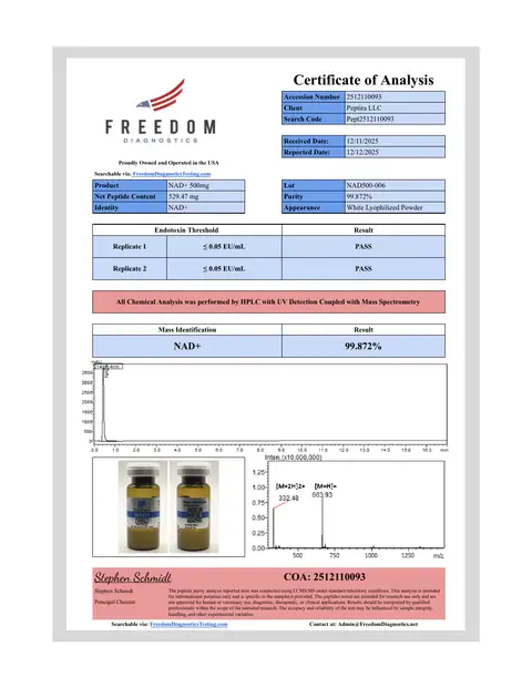 Page 1 of the certificate of analysis for NAD+ Vial 500 mg lot NAD500-006 (Freedom Diagnostics)