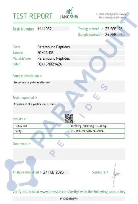 Page 1 of the certificate of analysis for FOXO4-DRI (15mg) lot FOX15N021426 (Janoshik)