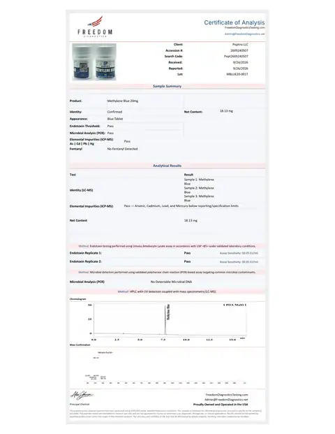 Page 1 of the certificate of analysis for Methylene Blue Tablets 20 mg 60ct lot MBLUE20-001T (Freedom Diagnostics)