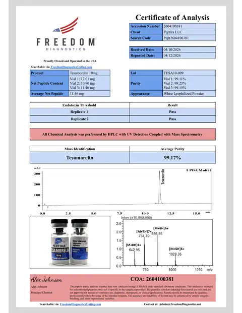 Page 1 of the certificate of analysis for TESAMORELIN Vial 10 mg lot TESA10-009 (Freedom Diagnostics)