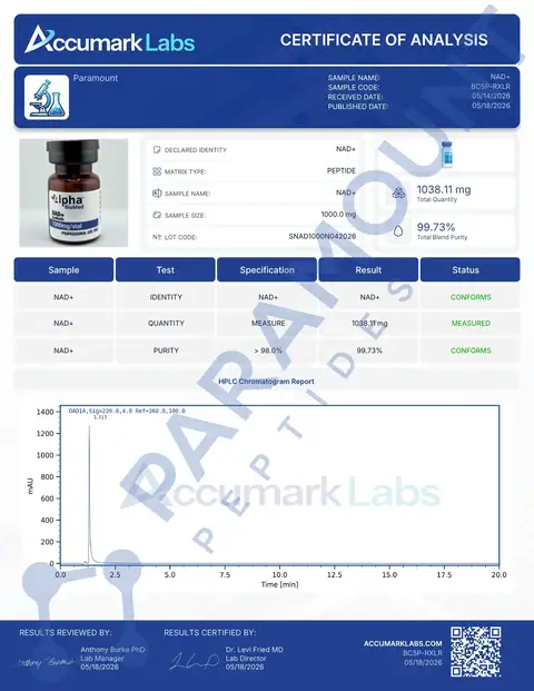 Page 1 of the certificate of analysis for NAD+ (1000mg) lot SNAD1000N042026 (Accumark Labs)
