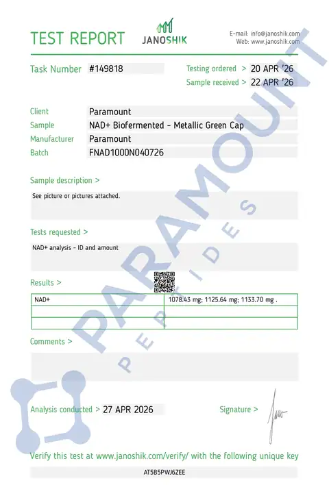 Page 1 of the certificate of analysis for NAD+ (1000mg) Biofermented (5ml Vial) lot FNAD1000N040726 (Janoshik)