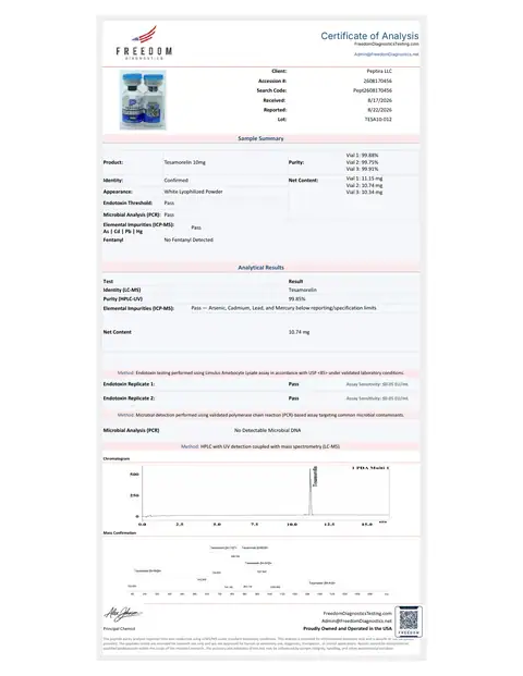 Page 1 of the certificate of analysis for TESAMORELIN Vial 10 mg lot TESA10-012 (Freedom Diagnostics)