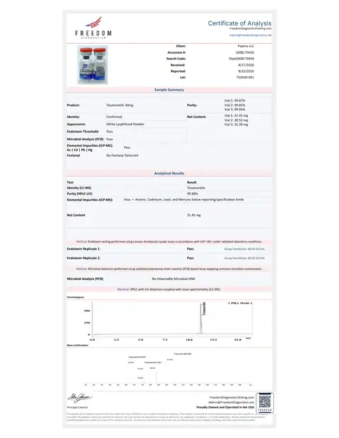 Page 1 of the certificate of analysis for TESAMORELIN Vial 30 mg lot TESA30-001 (Freedom Diagnostics)