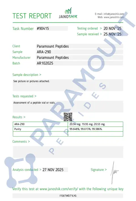 Page 1 of the certificate of analysis for ARA-290 (14mg) lot AR102025 (Janoshik)