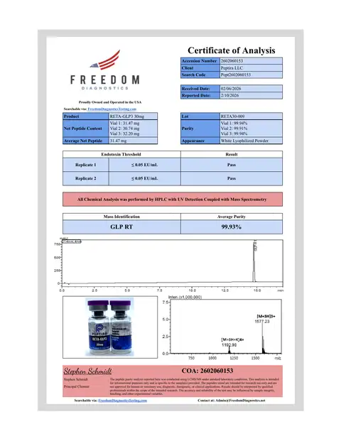 Page 1 of the certificate of analysis for RETA-3 Vial 30 mg lot RETA30-009 (Freedom Diagnostics)